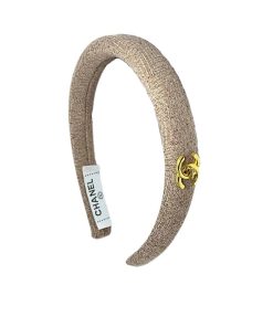 Chanel Small Cc Tweed Headband With Gold Hardware In Beige