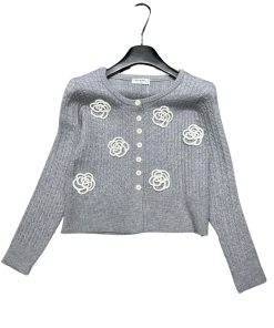 Chanel Camellia Floral Long Sleeve Button Knit Cardigan In Gray