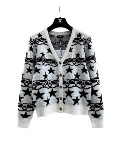 Chanel Star Pattern Printed Knit Cardigan In White