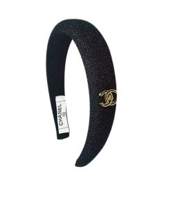 Chanel Cc Tweed Headband With Gold Hardware Black