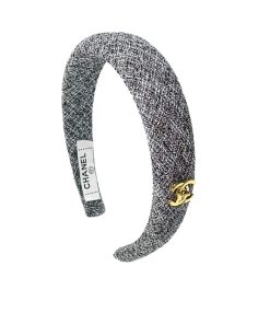Chanel Cc Tweed Headband With Gold Hardware Grey