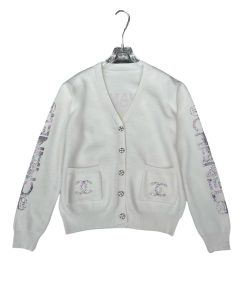 Chanel Knit Cardigan With Logo Beaded And Fashion Button In White