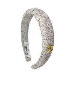 Chanel Cc Tweed Headband With Gold Hardware In Salt And Pepper