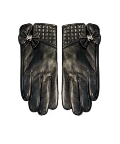 Chanel Leather Gloves Pattern With Bow Tie Black
