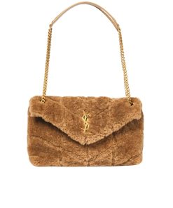 Saint Laurent Puffer Bag In Shearling Brown 28Cm