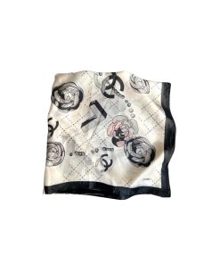 Chanel Cc With Pink Flower Square Scarf White 90Cm