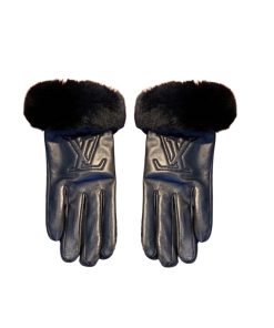 Louis Vuitton Leather Gloves Lv Embroidery With Fur Black