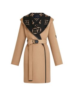 Louis Vuitton Hooded Coat Double Faced Silk Wool Brown 1Aagav