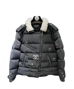 Chanel Cc Logo Printed Puffer Jacket With Fur Collar In Black