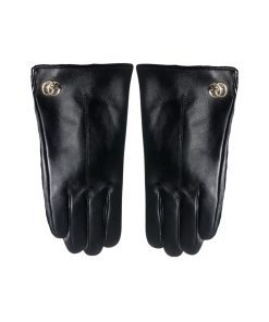 Gucci Gg Logo Leather Gloves In Black
