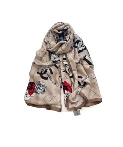 Chanel Cc With Red Flower Square Scarf Beige 90Cm
