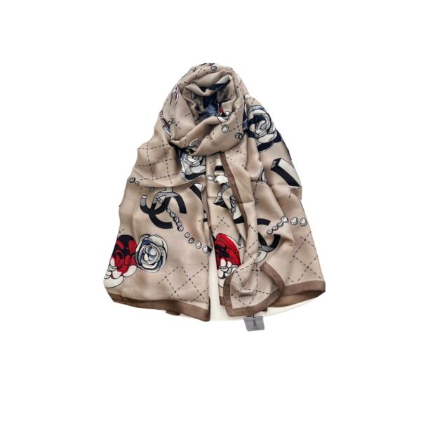 Chanel Cc With Red Flower Square Scarf Beige 90Cm