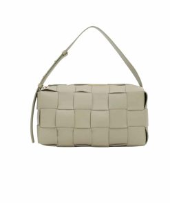 Bottega Veneta Brick Cassette Intreccio Leather Shoulder Bag Travertine 28Cm