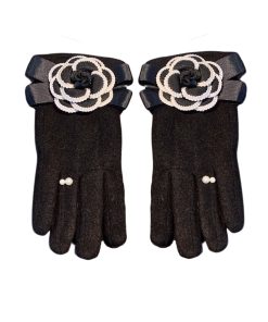 Chanel Camellia Embossed Gloves With Pearl Leather Black