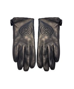 Gucci Gloves Gg Logo Embroidery  Leather Black