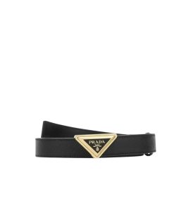 Prada Logo Plaque Belt Gold Hardware In Black