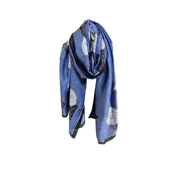 Chanel Cc Square Silk Scarf With Flower Dark Blue 90Cm