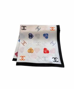 Chanel Heart And Cc Logo Silk Square Scarf White