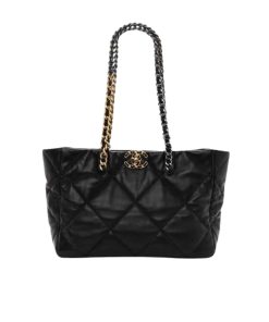 Chanel Lambskin Quilted 19 East West Shopping Bag Black 36Cm