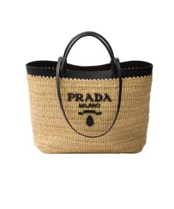 Prada Crochet And Leather Tote Bag Tan And Black 33Cm 1Bg499 2M2Q F0I55 V Goo