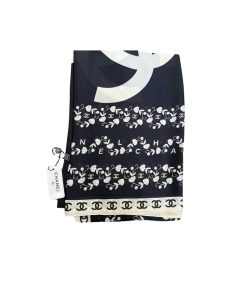 Chanel Flower Silk Square Scarf And Cc Logo Black 90Cm