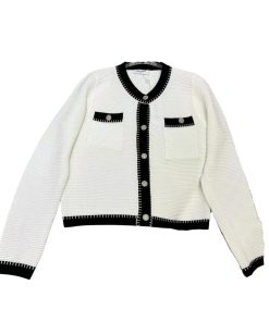 Chanel Sleeve Knit  Cardigan Black Striped With Cc Button In White