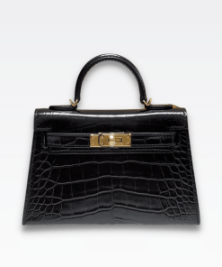 Hermes Mini Kelly Crocodile Gold-Toned Hardware Black 19Cm
