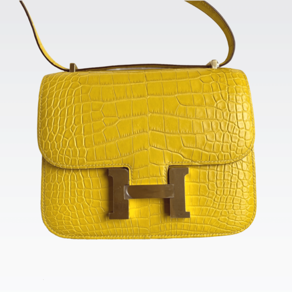 Hermes Constance Alligator Matt M9 Marigold Yellow Gold Hardware 18Cm
