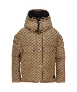 Gucci Gg Canvas Bomber Jacket With Hood Camel