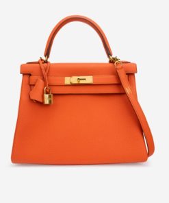 Hermes Kelly Orange Sellier Rouge Epsom Gold Hardware 25Cm