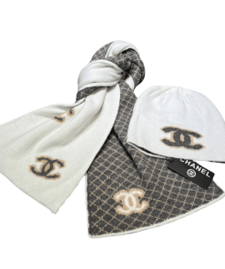 Chanel Beanie Hat And Scarf Black &Amp; White Wool Set