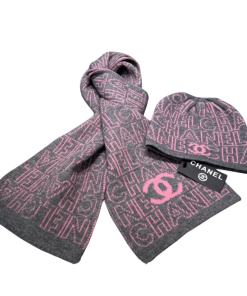 Chanel Beanie Hat And Scarf Pink Wool Set