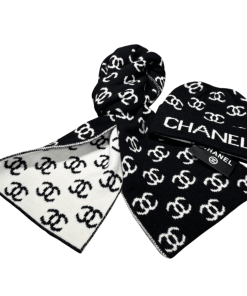 Chanel Beanie Hat And Scarf Cc Black Wool Set