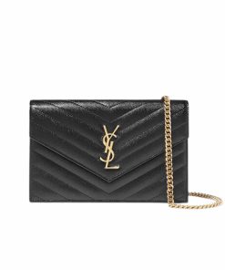 Saint Laurent Cassandre Matelass? Chain Wallet In Grain De Poudre Embossed Black Gold 22Cm 377828Bow011000