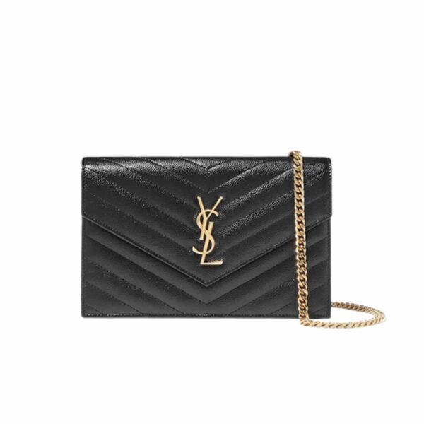 Saint Laurent Cassandre Matelass? Chain Wallet In Grain De Poudre Embossed Black Gold 22Cm 377828Bow011000