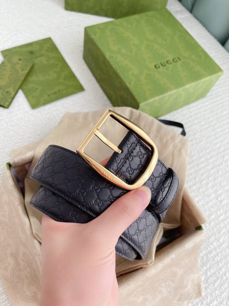 Gucci Calfskin Monogram Black Belt Gold Metal 4Cm - Image 5