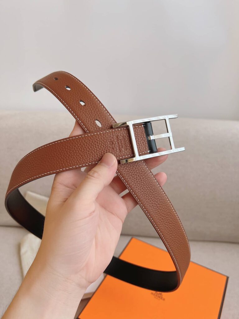 Hermes Quentin Reversible Belt Brown Silver Metal 32Mm - Image 4