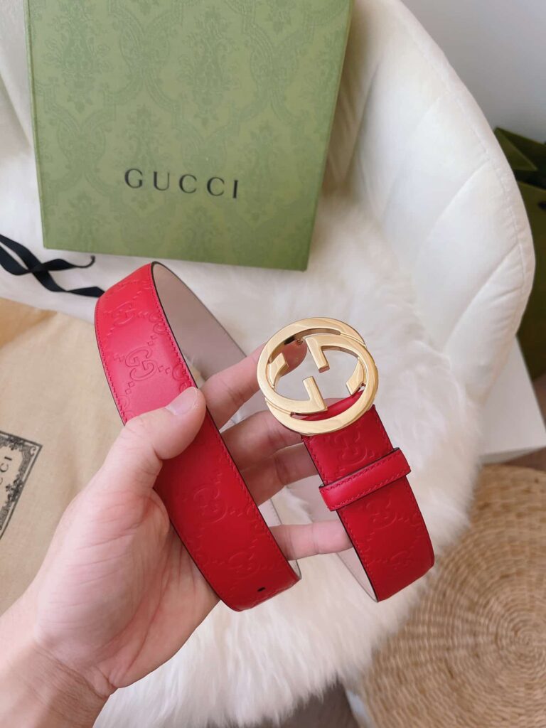 Gucci Calfskin Monogram Red Belt Gold Metal 3.5Cm - Image 2