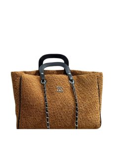 Chanel Deauville Large Tote Shopping Bag Crumpled Shearling Brown 40Cm