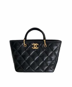 Chanel Shopping Tote With Gold Handle Black 25Cm