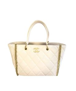 Chanel Shopping Tote With Gold Handle White 25Cm