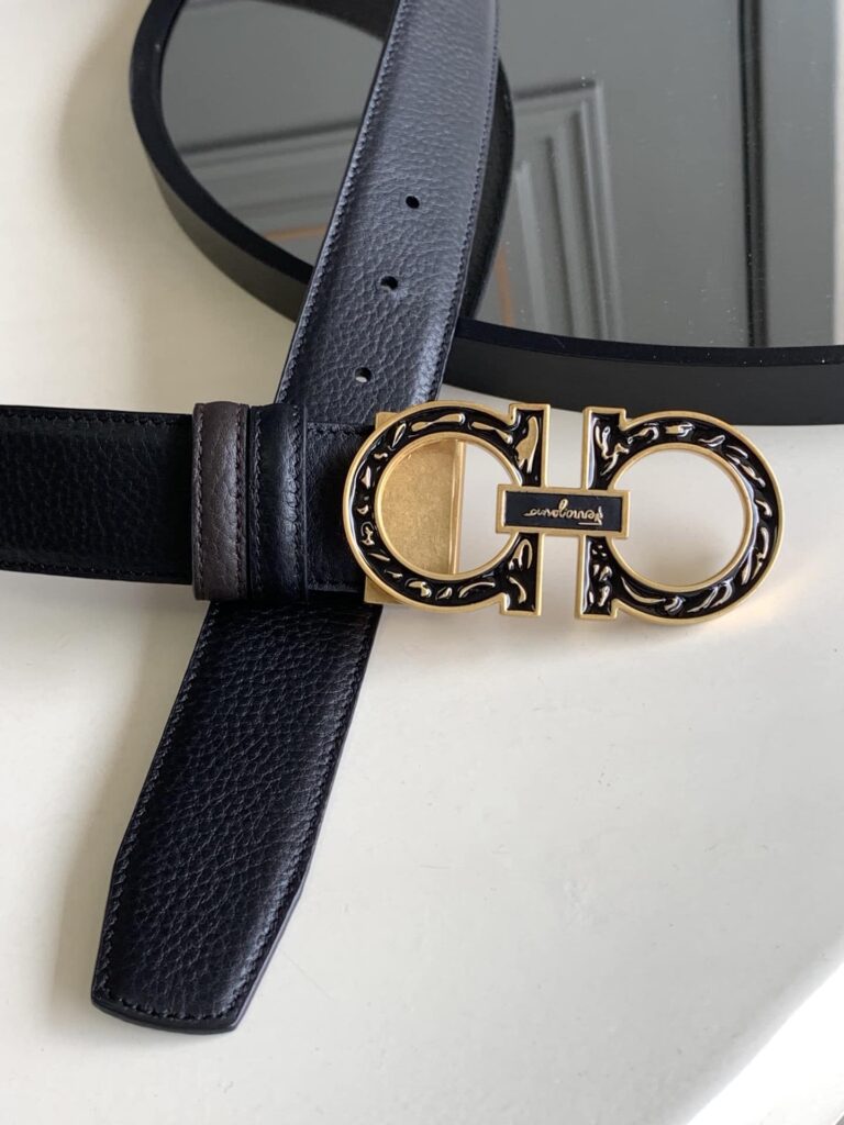 Salvatore Ferragamo Reversible And Gancini Gold Pattern Belt  3.5Cm - Image 3
