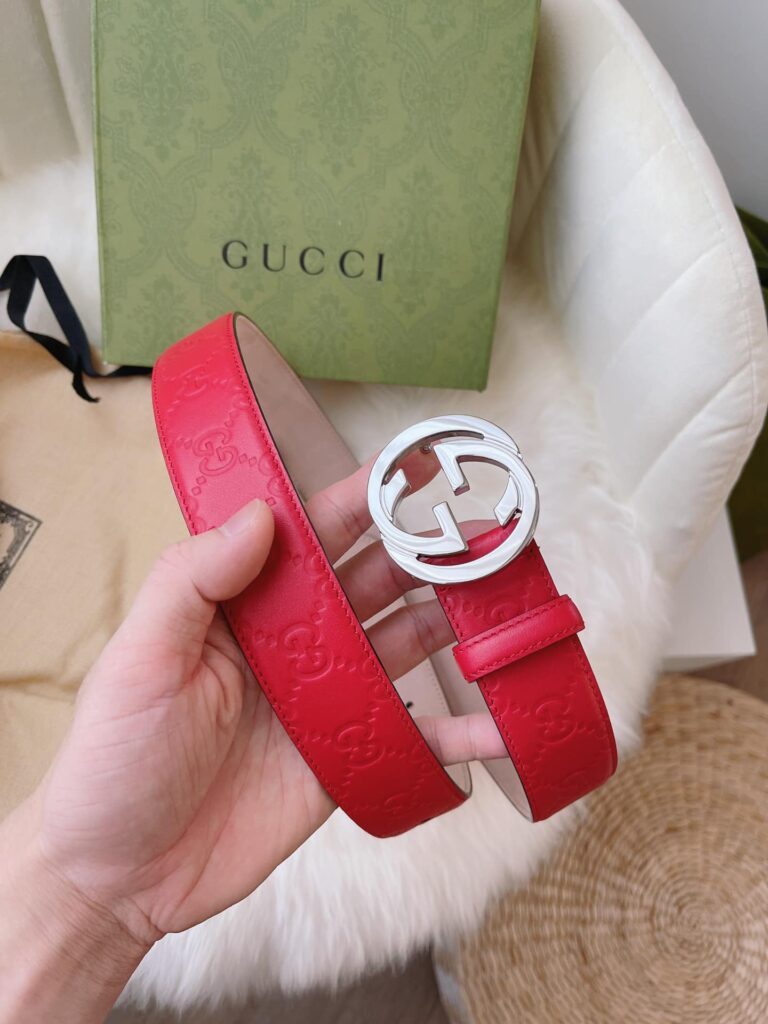 Gucci Calfskin Monogram Red Belt Silver Metal 3.5Cm - Image 2