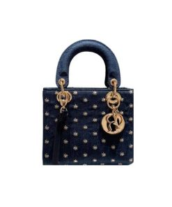 Dior Lady Dior Micro Bag Embroidered With Gold Tone Stars Blue Denim 20Cm