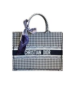 Dior Book Tote Houndstooth Embroidery Black And White 41Cm