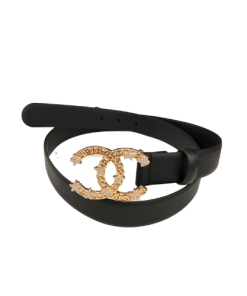 Chanel Pearls Crystal Gold Black Belt 28Mm