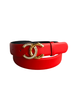 Chanel Leather Belt With Cc Pearl And Gold Tone Metal Red 3Cm