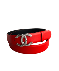 Chanel Leather Belt With Cc Pearl And Silver Tone Metal Red 3Cm