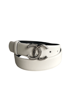 Chanel Leather Belt With Cc Pearl And Silver Tone Metal White 3Cm