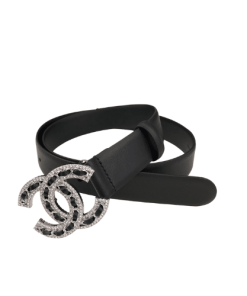 Chanel Glass Pearls Crystal Silver Black Belt 28Mm